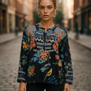 JOHNNY WAS BIYA ANTHRO Veda Embroidered Silk Blouse S M L Shirt Peasant Top